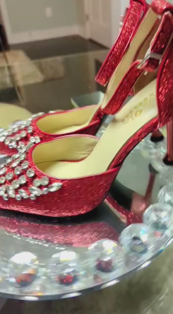ROSALINE Rhinestone d'Orsay Heels in Red Glitter