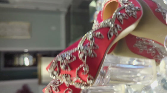 ALEESA Satin Crystal Beaded Pumps (in Glistening Red)