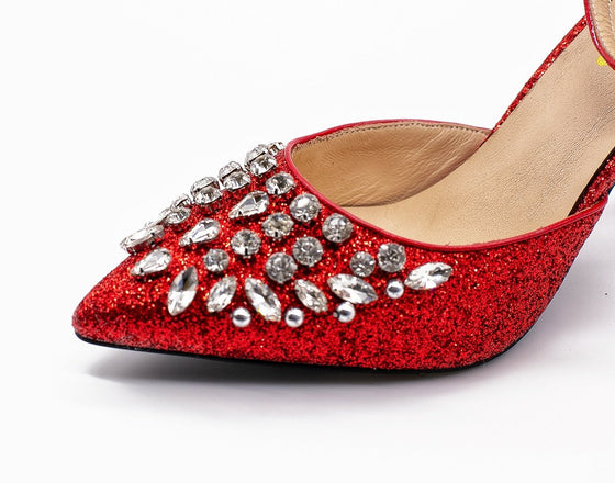 ROSALINE Rhinestone d'Orsay Heels in Red Glitter