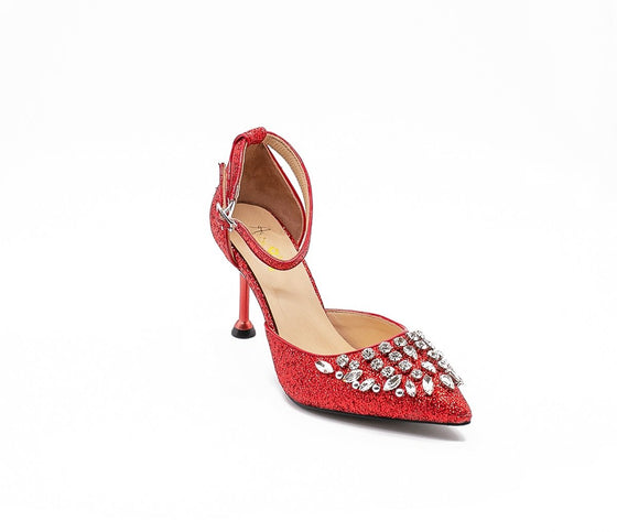 ROSALINE Rhinestone d'Orsay Heels in Red Glitter