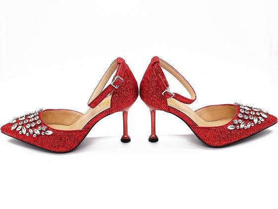 ROSALINE Rhinestone d'Orsay Heels in Red Glitter