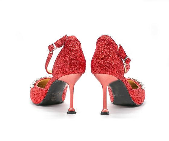 ROSALINE Rhinestone d'Orsay Heels in Red Glitter