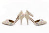 Ivory Ankle Strap Pearls Wedding shoes with Floral Pink & Silver Embellishments.