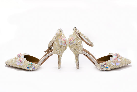 Ivory Ankle Strap Pearls Wedding shoes with Floral Pink & Silver Embellishments.