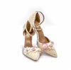 Ivory Ankle Strap Pearls Wedding shoes with Floral Pink & Silver Embellishments.