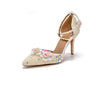 Ivory Ankle Strap Pearls Wedding shoes with Floral Pink & Silver Embellishments.