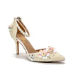 Ivory Ankle Strap Pearls Wedding shoes with Floral Pink & Silver Embellishments.
