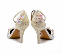  Ivory Ankle Strap Pearls Wedding shoes with Floral Pink & Silver Embellishments.