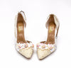 Ivory Ankle Strap Pearls Wedding shoes with Floral Pink & Silver Embellishments.