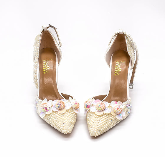 Ivory Ankle Strap Pearls Wedding shoes with Floral Pink & Silver Embellishments.