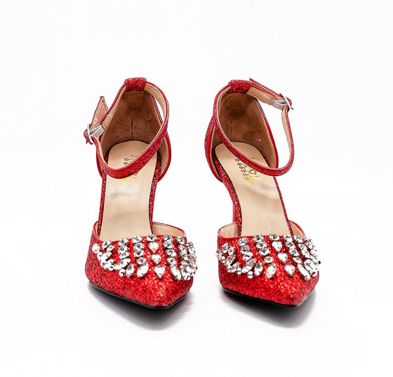 ROSALINE Rhinestone d'Orsay Heels in Red Glitter