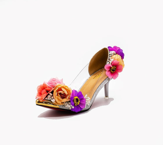 BOMA Floral Silver Glitter Pumps (in Whimsical Pink & Purple Florals) with Matching Bag