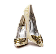  KATE Pearl Shoes with Crystal Rhinestone Butterfly Bow Embellishments.