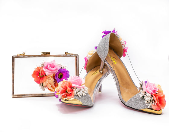 BOMA Floral Silver Glitter Pumps (in Whimsical Pink & Purple Florals) with Matching Bag