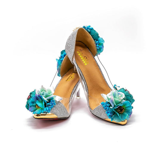 BOMA Floral Silver Glitter Pumps (in Whimsical Blue Florals) with Matching Bag