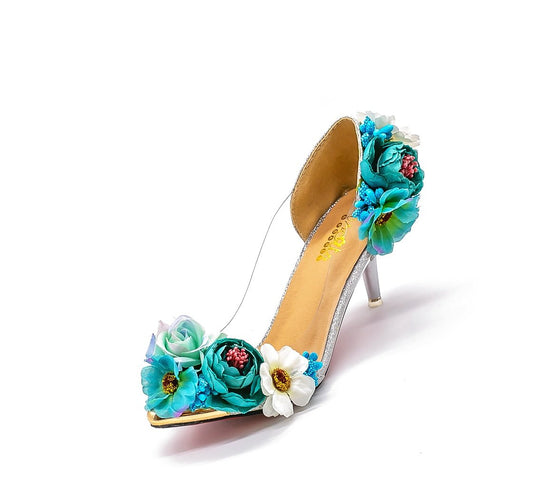 BOMA Floral Silver Glitter Pumps (in Whimsical Blue Florals) with Matching Bag