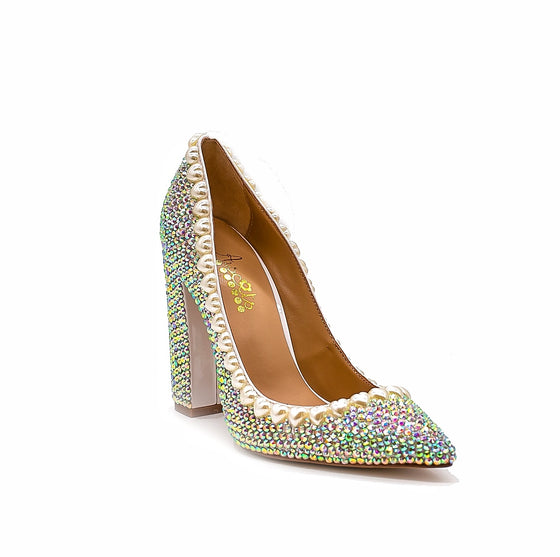 ADA Sparkling Rhinestone Crystal and Pearls Bling Block Heel Shoes.
