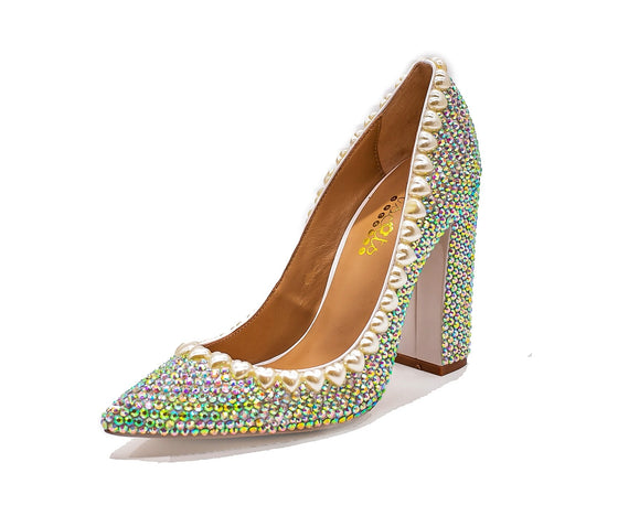 ADA Sparkling Rhinestone Crystal and Pearls Bling Block Heel Shoes.
