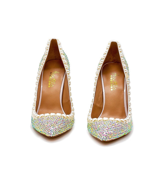 ADA Sparkling Rhinestone Crystal and Pearls Bling Block Heel Shoes.