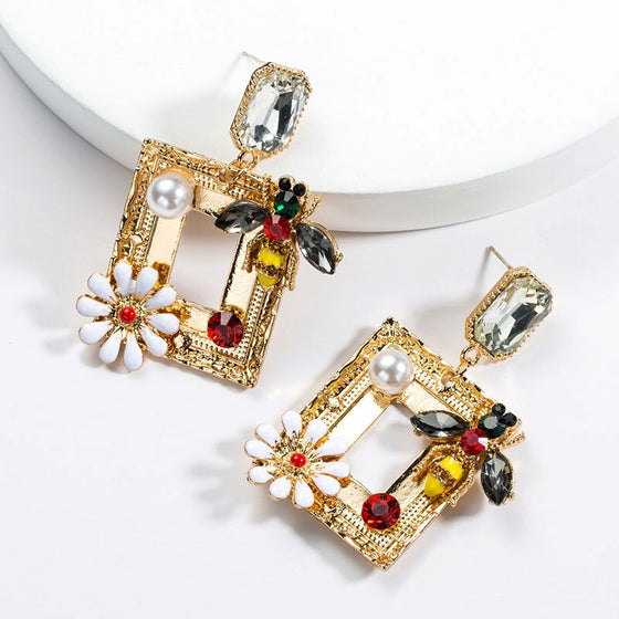 Bee with Flowers Rhinestone Square Statement Drop Earrings