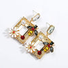 Bee with Flowers Rhinestone Square Statement Drop Earrings