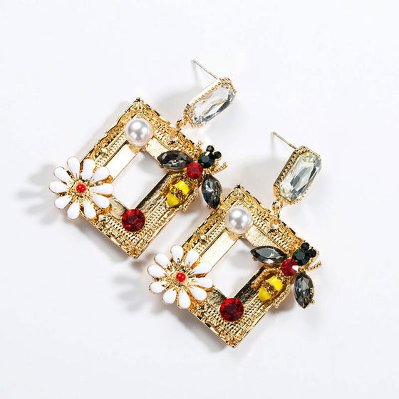 Bee with Flowers Rhinestone Square Statement Drop Earrings