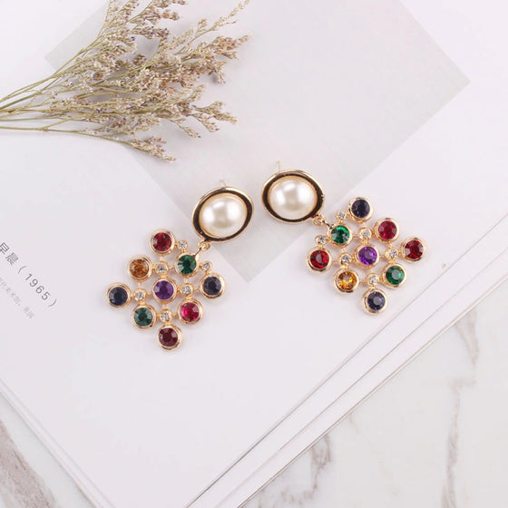 Multicolored Square Pendant Pearl Drop Earrings