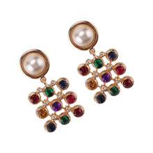  Multicolored Square Pendant Pearl Drop Earrings