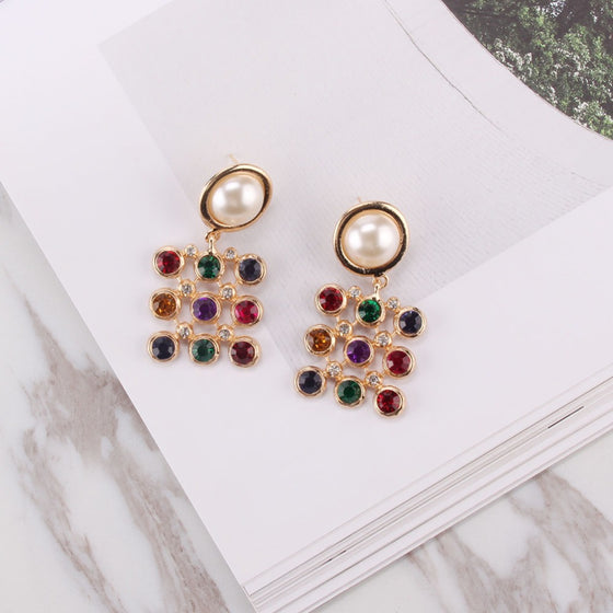 Multicolored Square Pendant Pearl Drop Earrings