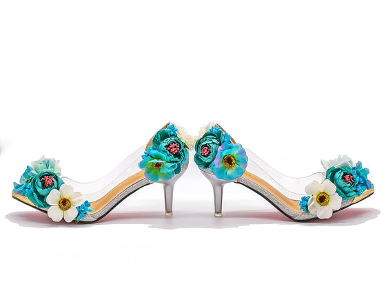 BOMA Floral Silver Glitter Pumps (in Whimsical Blue Florals) with Matching Bag