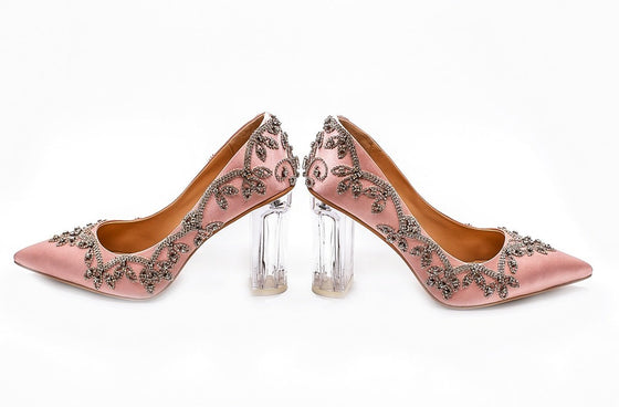 ALEESA Satin Crystal Beaded Pumps (in Blushing Pink)