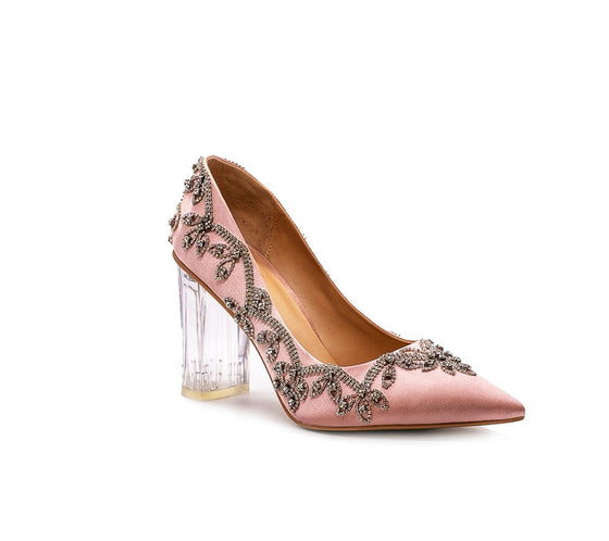 ALEESA Satin Crystal Beaded Pumps (in Blushing Pink)