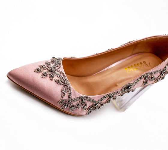 ALEESA Satin Crystal Beaded Pumps (in Blushing Pink)
