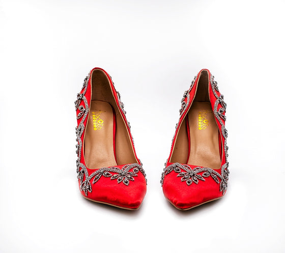 ALEESA Satin Crystal Beaded Pumps (in Glistening Red)