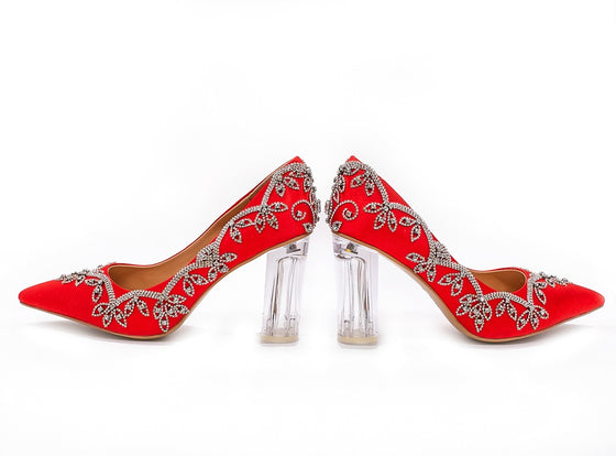 ALEESA Satin Crystal Beaded Pumps (in Glistening Red)
