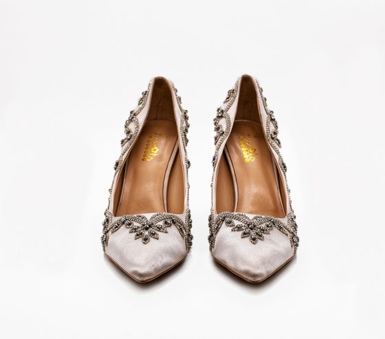 ALEESA Satin Crystal Beaded Pumps (in Bubbling Champagne)