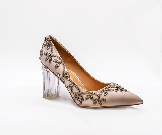ALEESA Satin Crystal Beaded Pumps (in Bubbling Champagne)