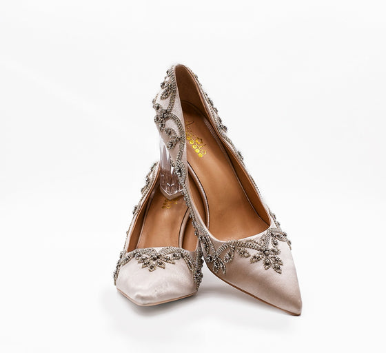 ALEESA Satin Crystal Beaded Pumps (in Bubbling Champagne)