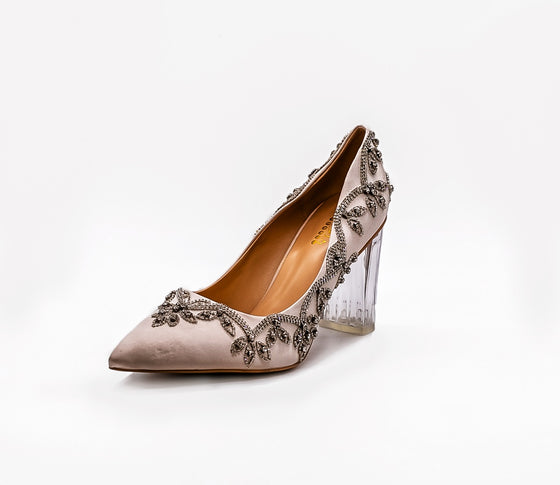 ALEESA Satin Crystal Beaded Pumps (in Bubbling Champagne)