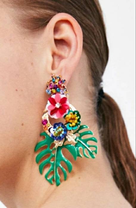 Leaf Rhinestone Sequin Drop Earrings