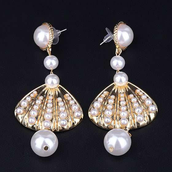 Long Shell Pearl Statement Drop Earrings