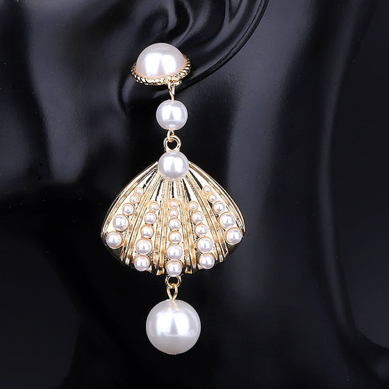 Long Shell Pearl Statement Drop Earrings