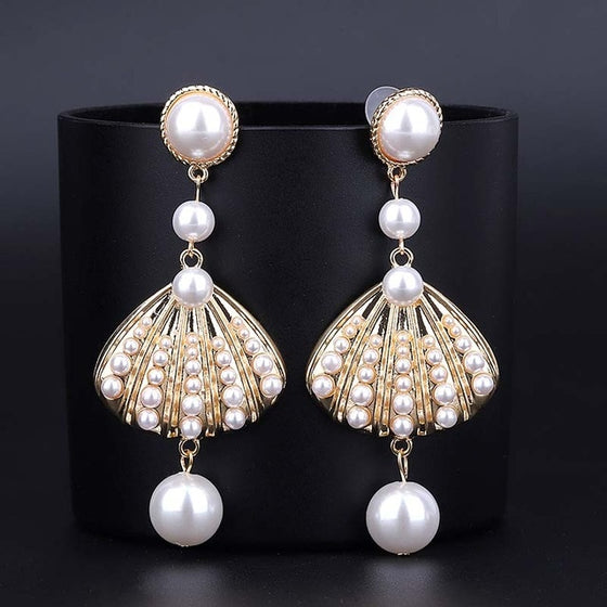 Long Shell Pearl Statement Drop Earrings