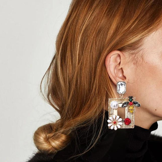 Bee with Flowers Rhinestone Square Statement Drop Earrings