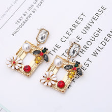  Bee with Flowers Rhinestone Square Statement Drop Earrings