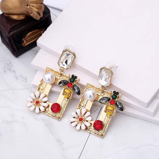 Bee with Flowers Rhinestone Square Statement Drop Earrings