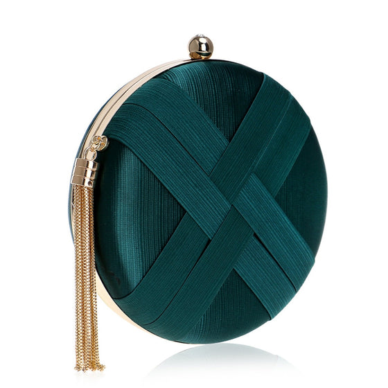 Braided Satin Round Clutch Bag with Gold Tassel