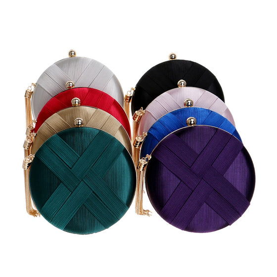 Braided Satin Round Clutch Bag with Gold Tassel
