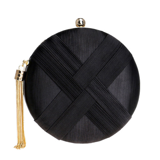 Braided Satin Round Clutch Bag with Gold Tassel
