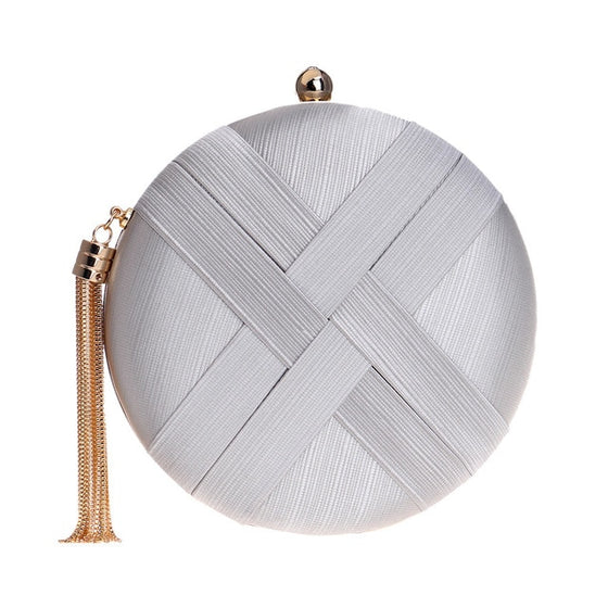 Braided Satin Round Clutch Bag with Gold Tassel